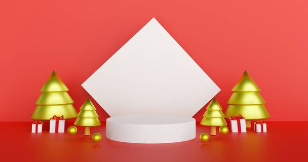  Vrolijk Kerstfeest en Gelukkig Nieuwjaar, Kerst achtergrond met podium voor een product 3d rendering. - Foto, afbeelding
