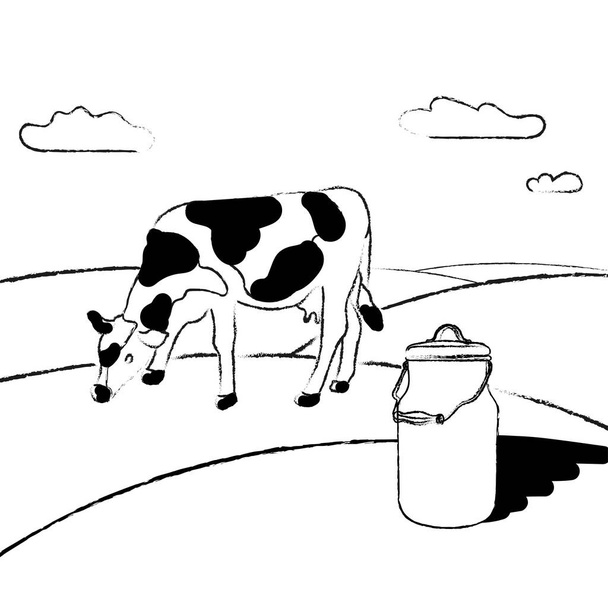 Granja lechera. Las vacas pastan en el prado. Paisaje rural, pueblo. Frascos de leche con hierba. Stock vector ilustración. Estilo de boceto. - Vector, Imagen