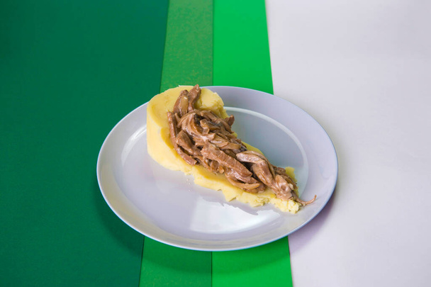 Rinderstroganoff mit Kartoffelpüree garniert auf grauem Teller. Fleischgulasch mit Beilage auf buntem grünem Hintergrund. Restaurant-Speisekarte. - Foto, Bild