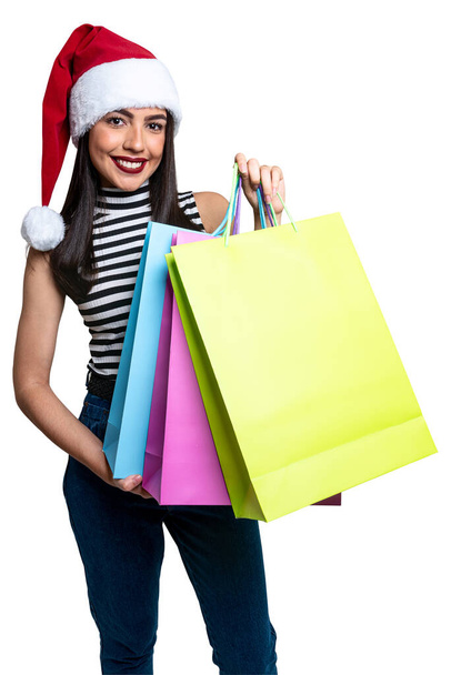 Santa Claus woman holding shopping bags, isolated on white background. - Foto, Imagen