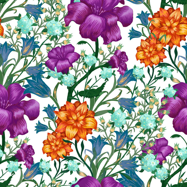 Floral Wallpaper with Big Flowers. Seamless Pattern with Fuchsia, Bluebell and May-lily for Blouse Print Wallpaper. Trendy Pattern. Colorful Rapport. Vector Seamless Flowers. - Vettoriali, immagini