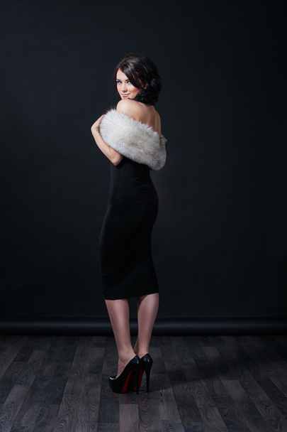 Gorgeous woman in black dress and fur jacket - Photo, image