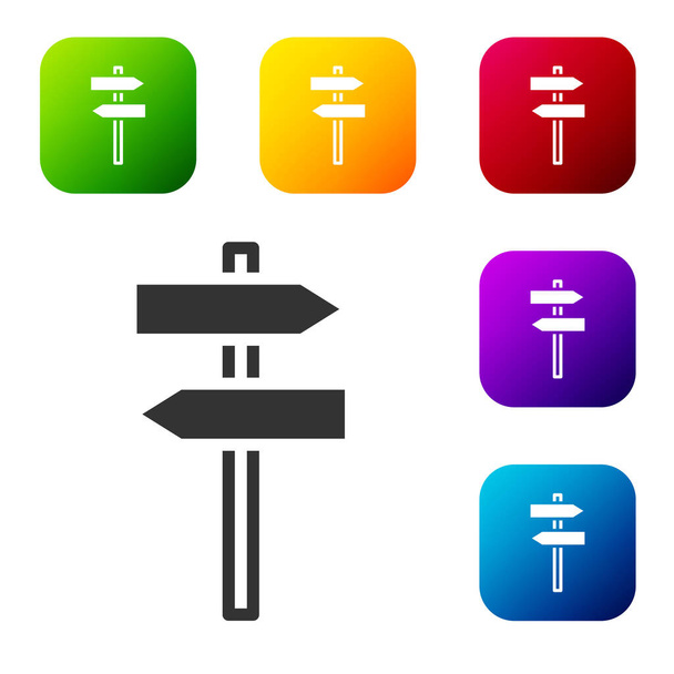 Black Road traffic sign. Signpost icon isolated on white background. Pointer symbol. Street information sign. Direction sign. Set icons in color square buttons. Vector. - ベクター画像