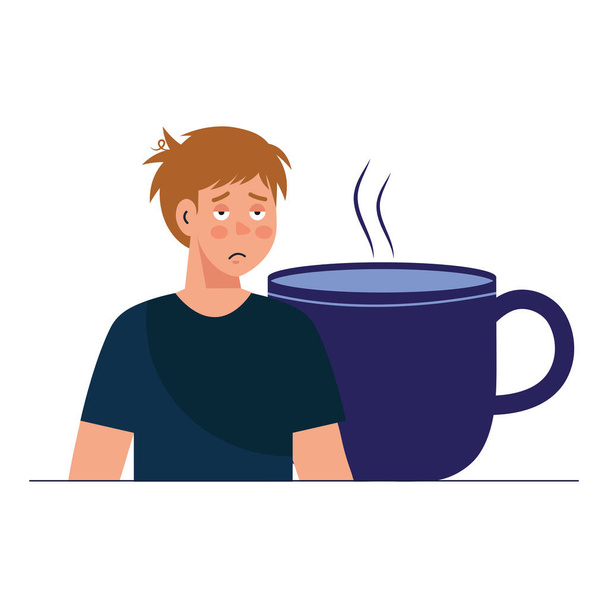 hombre de dibujos animados con insomnio y diseño de vectores taza de café - Vector, Imagen
