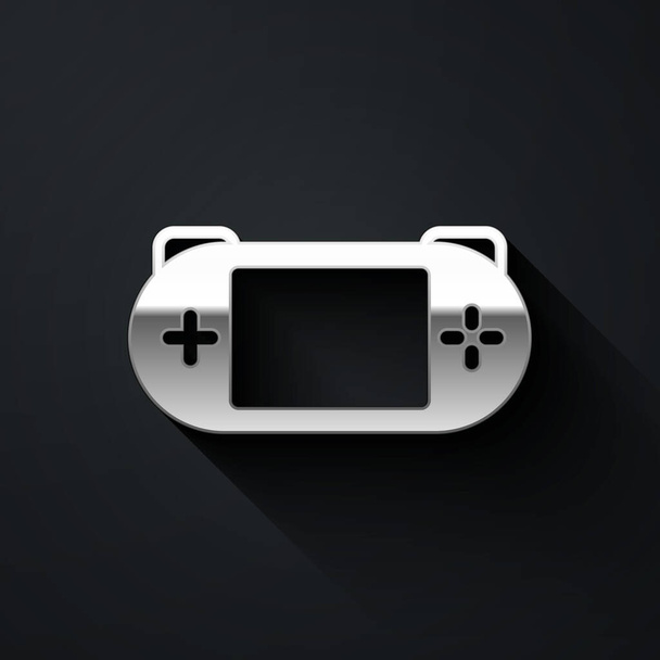 Silver Portable иконка игровой приставки изолированы на черном фоне. Знак Геймпада. Концепция игры. Длинный стиль тени. Вектор. - Вектор,изображение