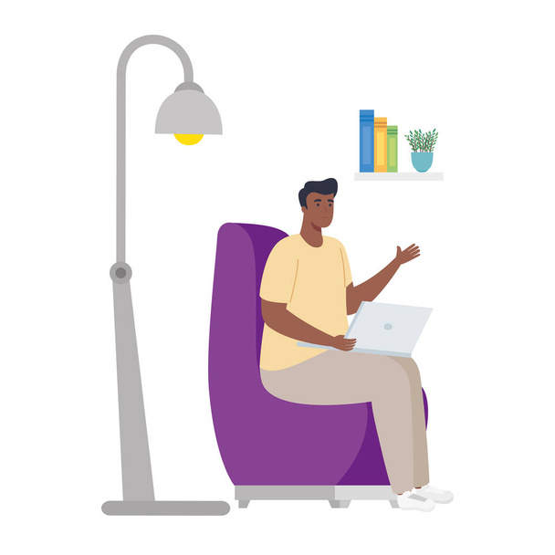 Man cartoon with laptop working on chair with lamp vector design - Vector, Image