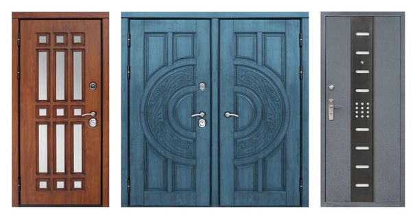 Set of models of entrance metal doors isolated on white background - Photo, Image