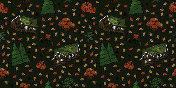 Brązowe drewniane domy skandynawskie, drzewa, dynie, pająki, pajęczyna, liście i grzyby bezszwowy wzór - Wektor, obraz