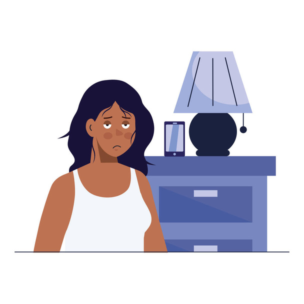 γυναίκα κινουμένων σχεδίων με αϋπνία μπροστά από τα έπιπλα με λαμπτήρα διανυσματικό σχεδιασμό - Διάνυσμα, εικόνα