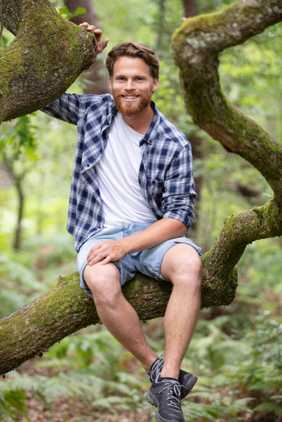 young man sitting on a tree in autumn park - Foto, Bild