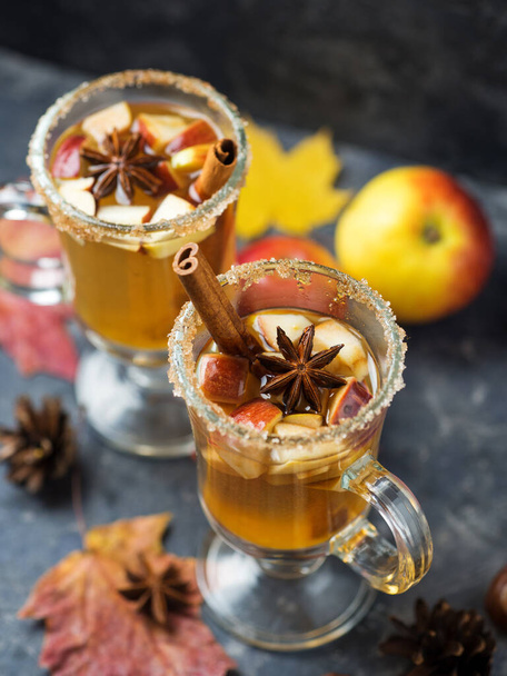 Boisson alcoolisée chaude d'automne et d'hiver sangria ou cidre sur la table avec pomme, citrouille, cannelle, anis - Photo, image
