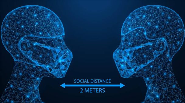 Social distance. People in medical masks at a distance of 2 meters from each other. Prevention of protection against the spread of viruses. Low-poly design. Blue background. - Vector, Image