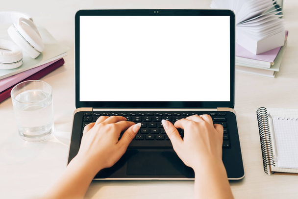 freelance job hands typing laptop white screen - Foto, Imagem