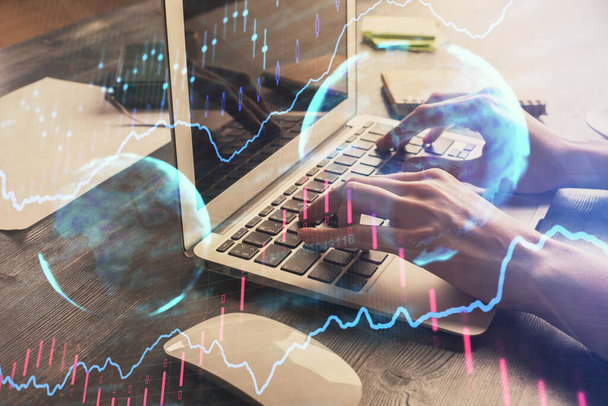 Double exposure of woman hands typing on computer and forex chart hologram drawing. Stock market invest concept. - Fotó, kép