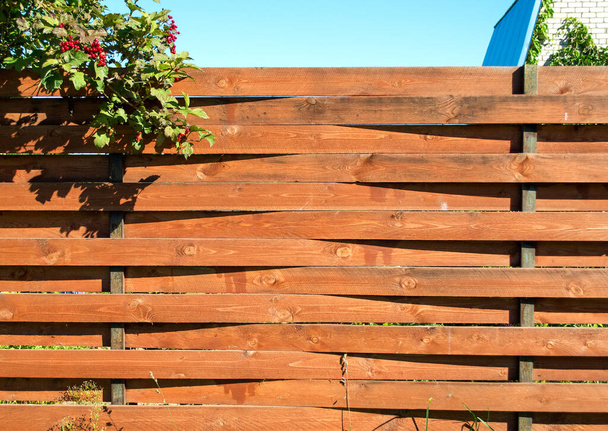 valla marrón hecha de tablas curvas de madera y arbusto viburnum - Foto, Imagen