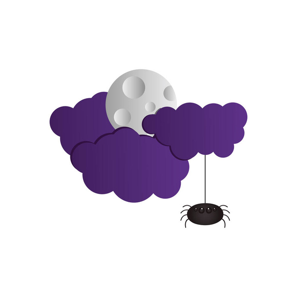 紫色の雲と満月とクモのぶら下がりカラフルなデザイン - ベクター画像