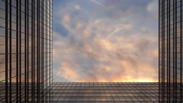 ビジネス街のオフィスビル、日没の雲の上を飛行する飛行機-下のビュー。ビジネスと金融の成功の概念。4k解像度の3Dアニメーション(3840 x 2160 px) - 映像、動画