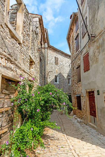 Scène de rue typique dans la ville médiévale de Bale dans la péninsule istrienne de jour en été - Photo, image