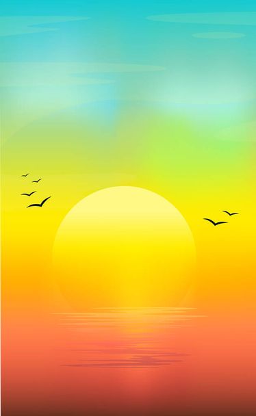 Illustratie van een zonnig zandstrand bij zonsondergang - illustratie - Vector, afbeelding