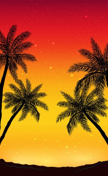 Yö panoraama taustalla rannalla palmuja - kuva - Vektori, kuva