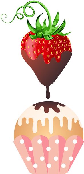 Sweet strawberry dripping with warm milk chocolate to cupcake - Vector, Image