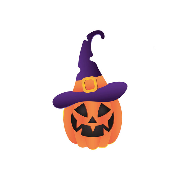 cartoon pumpkin with witch hat icon, flat style - Vector, Image