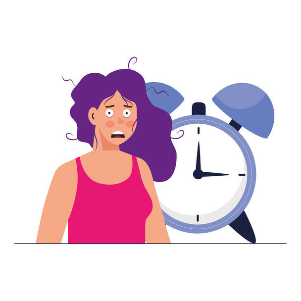woman cartoon with insomnia and clock vector design - Vector, Image