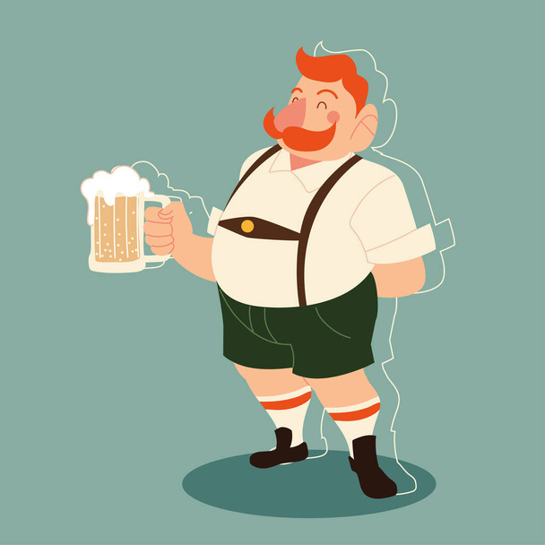 oktoberfest uomo cartone animato con stoffa tradizionale e birra vettoriale design - Vettoriali, immagini