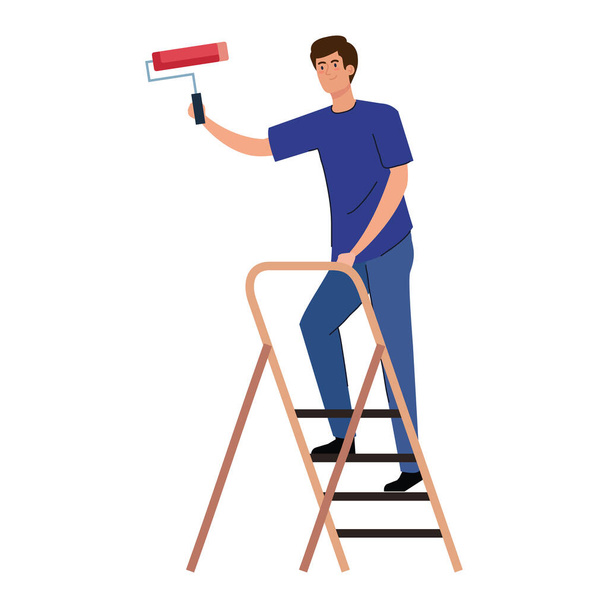 hombre de dibujos animados con rollo de pintura de construcción en el diseño de vectores escalera - Vector, Imagen