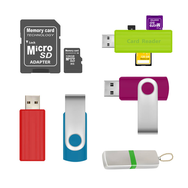USB flash drive σε διάνυσμα σε λευκό φόντο.Card reader για την ανάγνωση καρτών μνήμης σε διάνυσμα. - Διάνυσμα, εικόνα