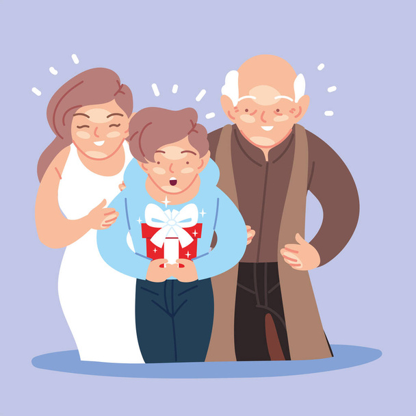 boy with mother and grandfather cartoons opening gift vector design - Vector, Image