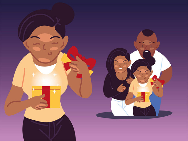 zwart meisje en familie opening gift vector ontwerp - Vector, afbeelding
