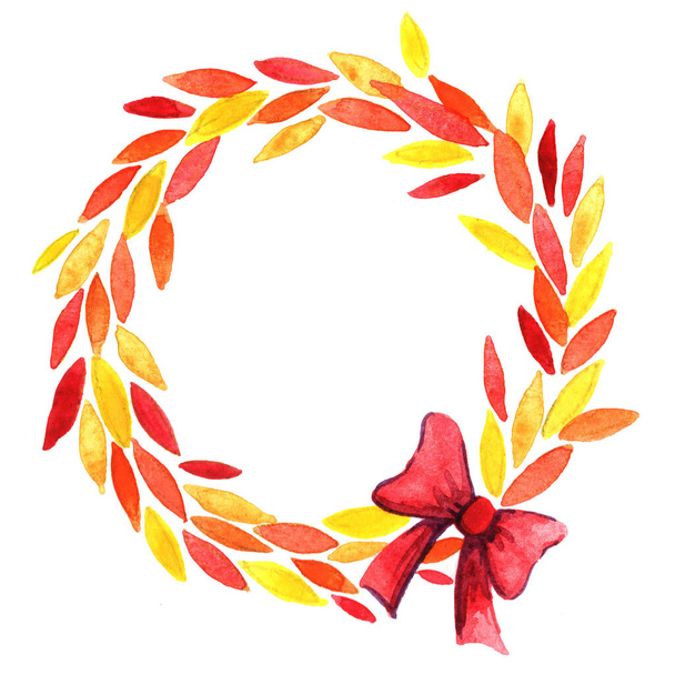 Coloridas hojas de otoño con corona de lazo rojo para la decoración en el festival de Acción de Gracias. - Foto, Imagen
