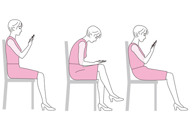 Kobieta siedząca i gapiąca się na smartfona. Dobra postawa i zła postawa - Wektor, obraz