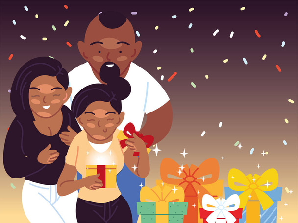 black family opening gifts vector design - Vector, Image