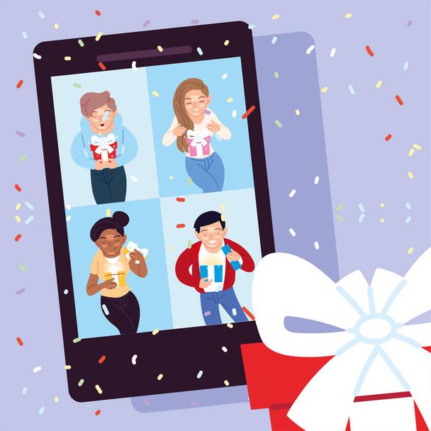 girls and boys cartoons opening gifts in smartphone vector design - Vector, Image