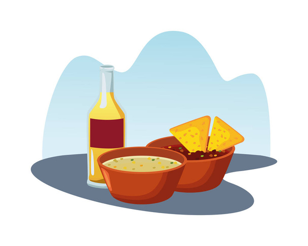 Μεξικάνικα νάτσος και φασόλια refried με τεκίλα νόστιμο φαγητό - Διάνυσμα, εικόνα