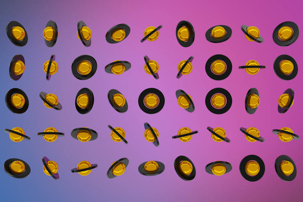 Renderização 3D de giroscópios amarelos e pretos em um fundo rosa. Uma figura geométrica simples de bolas de diferentes tamanhos. forma de yber no estilo dos desenhos animados  - Foto, Imagem