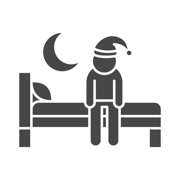 Uykusuzluk, yatak silueti ikon tarzında oturan dalaksız insan. - Vektör, Görsel