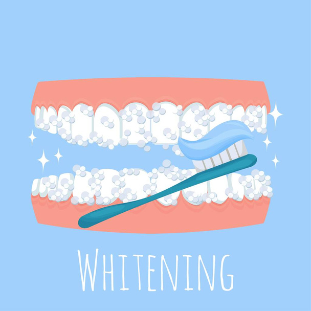 Denti di pulizia con spazzola per denti. Cura dentale, concetto di sbiancamento. Composizione luminosa e positiva, garanzia di igiene. - Vettoriali, immagini