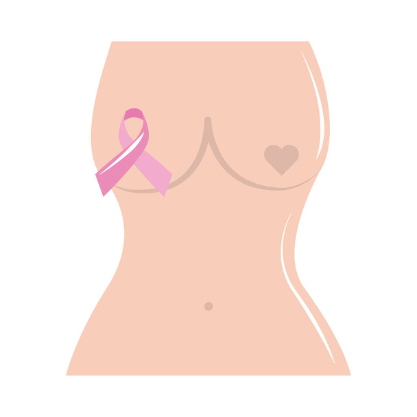 mês de conscientização do câncer de mama, corpo feminino fita conceito de saúde estilo ícone plano - Vetor, Imagem