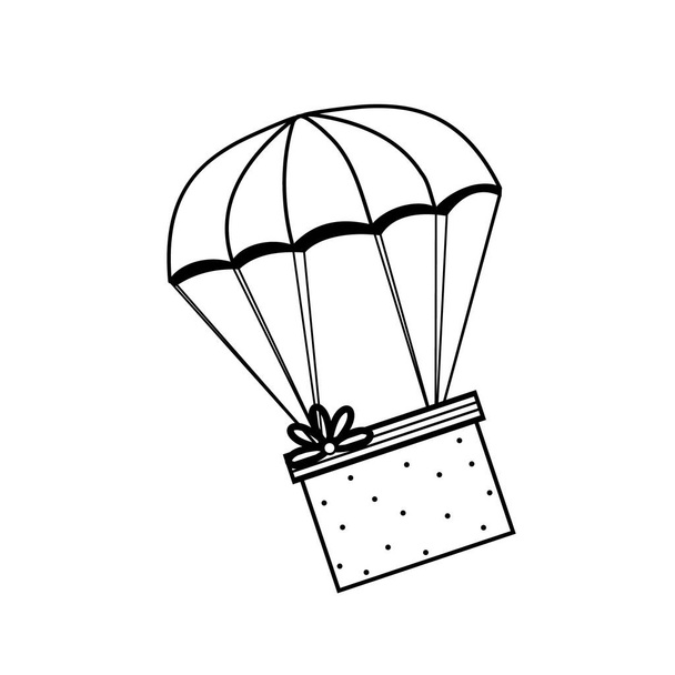 geschenk op een parachute, geïsoleerde zwarte omtrek icoon, vector illustratie, clipart, ontwerp, decoratie - Vector, afbeelding