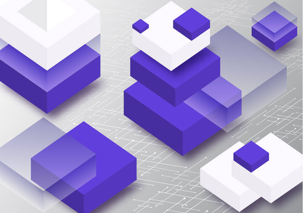 Bannière concept Blockchain. Les blocs isométriques, les cubes se connectent les uns aux autres et forment des cryptochaînes. Antécédents technologiques vectoriels abstraits pour votre design. - Vecteur, image