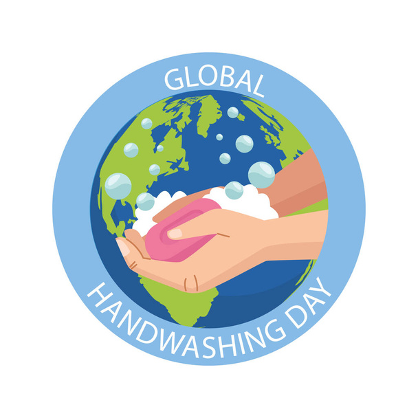 wereldwijde handwas dag campagne met handen en zeep bar in aarde planeet stempel - Vector, afbeelding