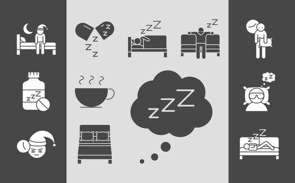 álmatlanság zavaros alvás éjszaka, gyűjtemény lineáris ikonok stílus - Vektor, kép