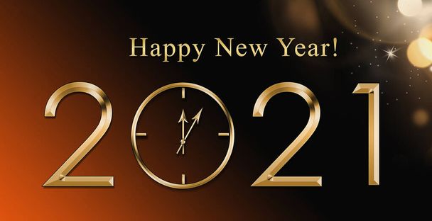 Illustration 2021 Happy New Year background with gold clock. Festive gold 2021 for card, flyer, invitation, placard, voucher, banner. Copy space for text. Banner - Photo, Image