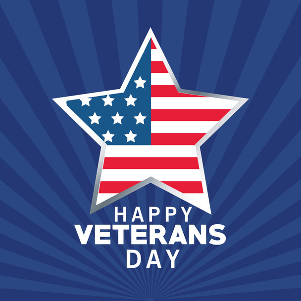 happy veterans day lettering with usa flag in star blue color background - Vektör, Görsel