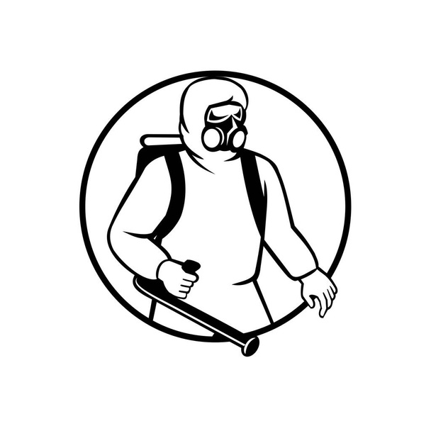 Zwart-wit illustratie van een industrieel werker, gezondheidszorg, essentiële of ongedierteverdelger met ademhalingsbeschermingsmiddelen, ontsmettende spuitontsmettingsmiddel in cirkel retro-stijl. - Vector, afbeelding