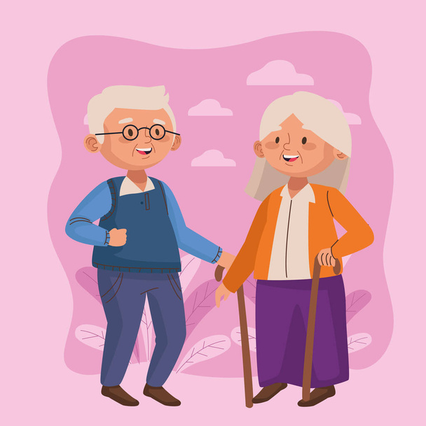 ηλικιωμένο ζευγάρι που περπατά με μπαστούνια ενεργό ηλικιωμένους χαρακτήρες σκηνή - Διάνυσμα, εικόνα