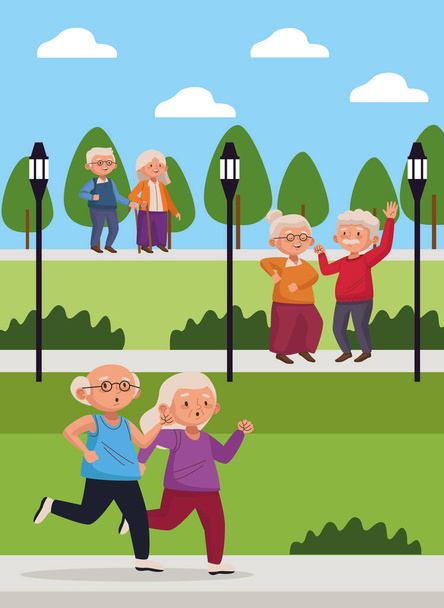 公園のシーンで活動中の高齢者のキャラクター - ベクター画像